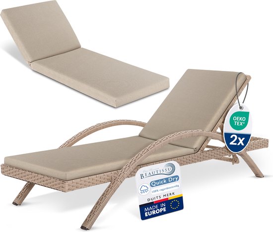 Beige ligstoelkussen, "Quick Dry 100% regenbestendig", "Duits merk", OEKO-TEX.