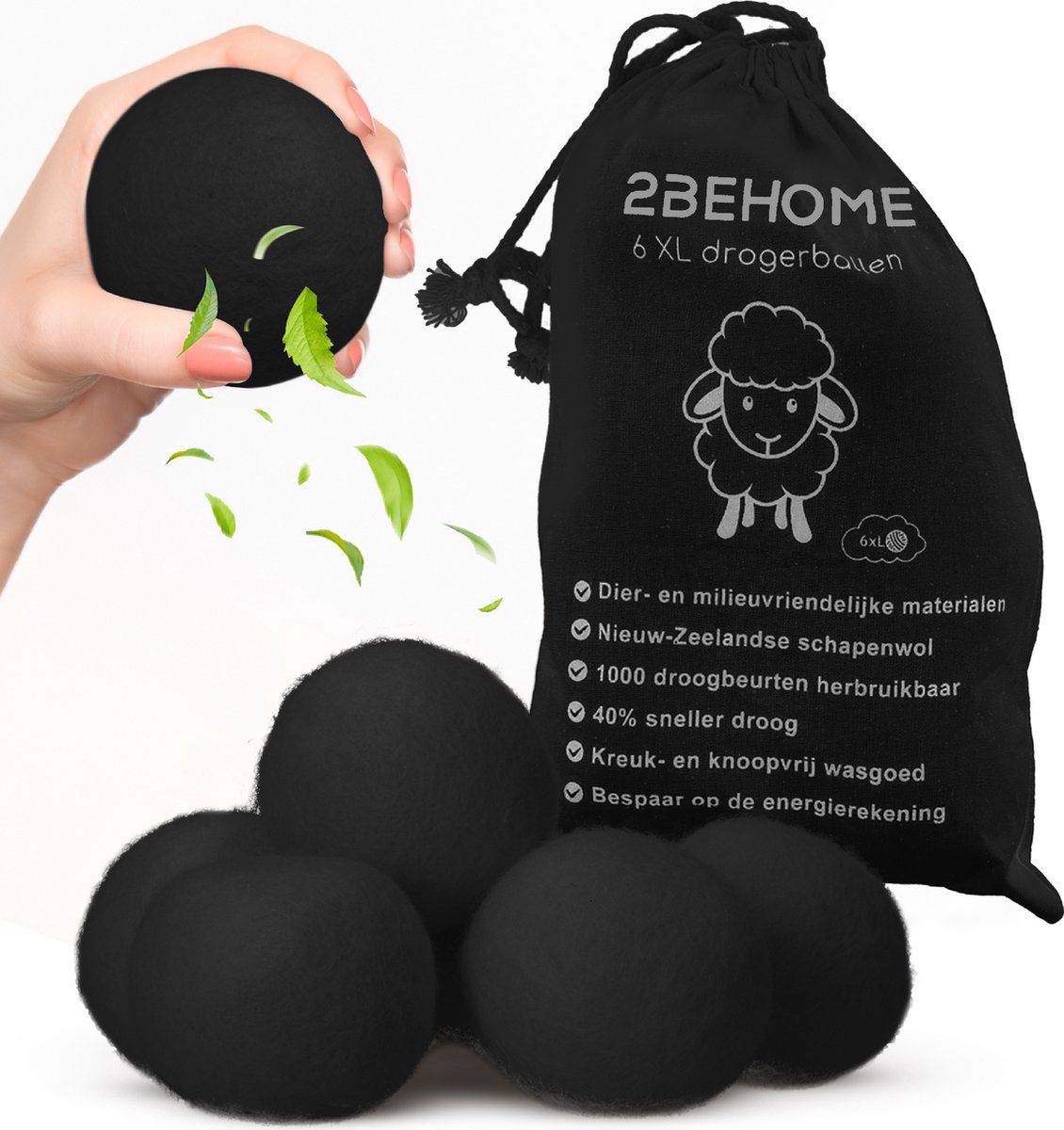 2BEHOME XL Drogerballen Voor Wasdrogers - 6 Stuks - Gemaakt van 100% Nieuw-Zeelandse Schapen Wol - Wasdrogerballen - Droogballen - Droger Ballen - Dryer Balls - Zwart