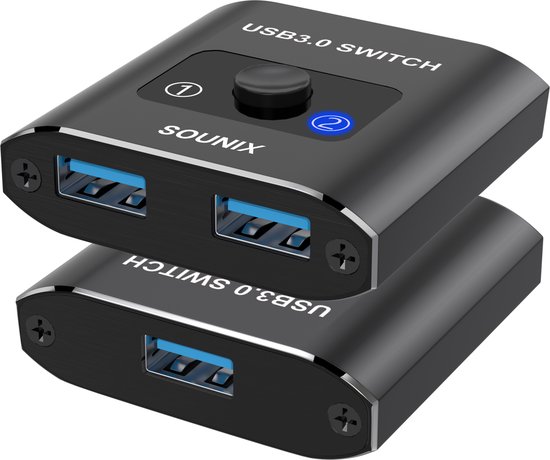 Sounix USB 3.0 Switch - 2 x USB 3.0 poorten - Aluminum - Voor Muis, toetsenbord, printer - 1 Stuk - Zwart