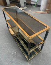 mbc-living - table d'appoint 120 x40cm - 75cm de hauteur - 2 x verre fumé - 1x verre de fond miroir - métal noir/doré