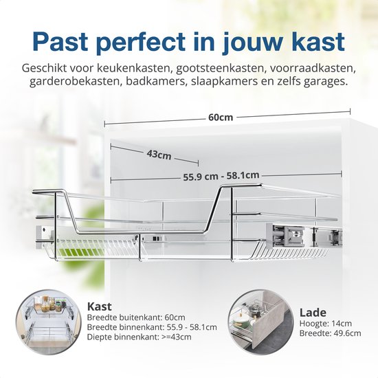 Afmetingen van de TomorrowNow keukenkast organizer, met vermelding van de kastbreedte van 60cm en ladehoogte van 14cm.
