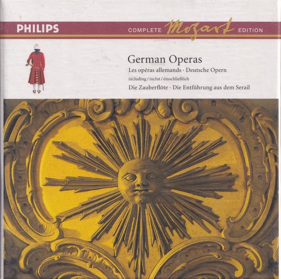 CD-hoes met 'Complete Mozart Edition German Operas', linksboven een illustratie van een man in rode kledij.