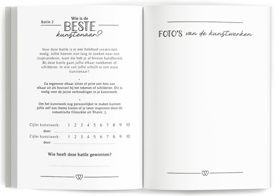 Open bucketlist boek met een 'Battle 2: Wie is de beste kunstenaar?' en ruimte voor foto's van kunstwerken.