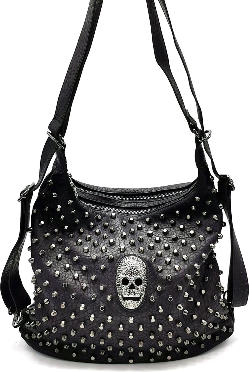 Boutique Trukado - Gothic Rugtas-Schoudertas met Metalen Schedel en Studs - (bxhxd) ca. 37cm x 29cm x 13cm