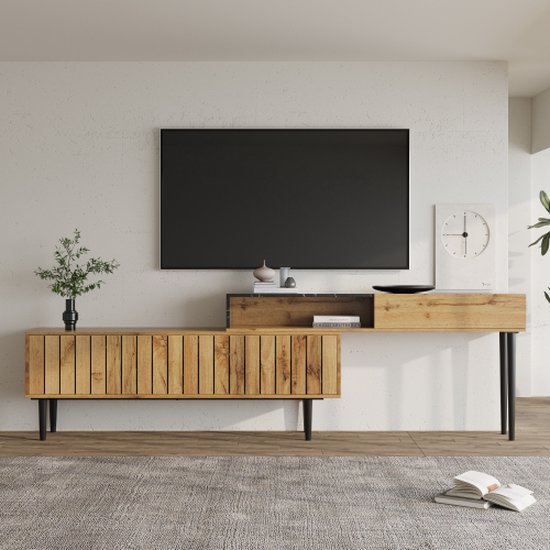 Meuble TV moderne avec motif en marbre et grain de bois, bord en PVC, pieds en fer, couleur bois foncé, décoration de la maison, peu encombrant, durable et durable.