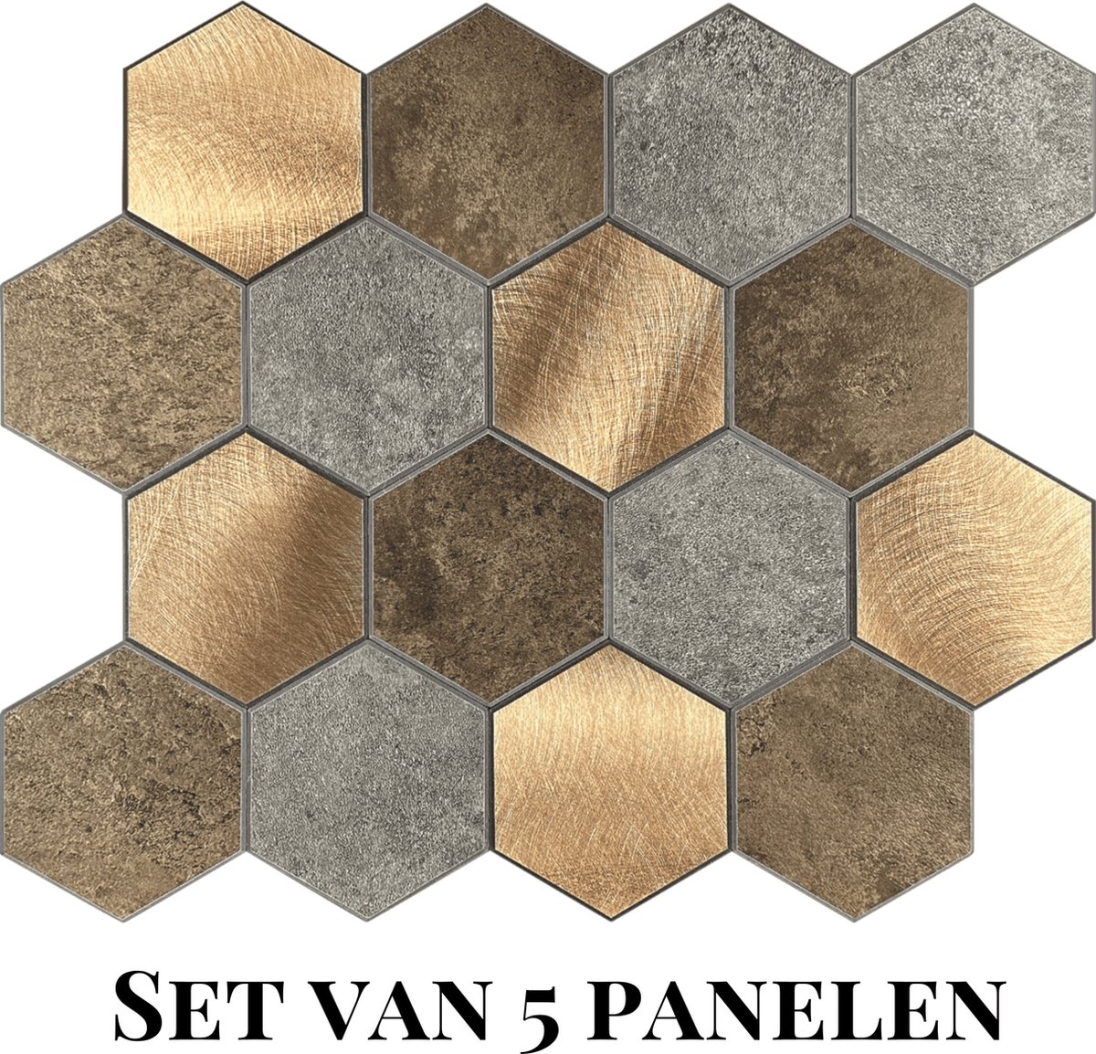 Wallways Wandpanelen - Plaktegels - Set van 5 Tegels - Tegelsticker - Zelfklevende Tegels - 4MM dik - Aluminium toplaag - Waterdicht - Krasbestendig - Hittebestendig - 3M Kleeflaag - Hexagon Koper XL