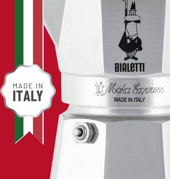 Bialetti Moka Express koffiezetter met Italiaanse vlag en 'Made in Italy'-sticker