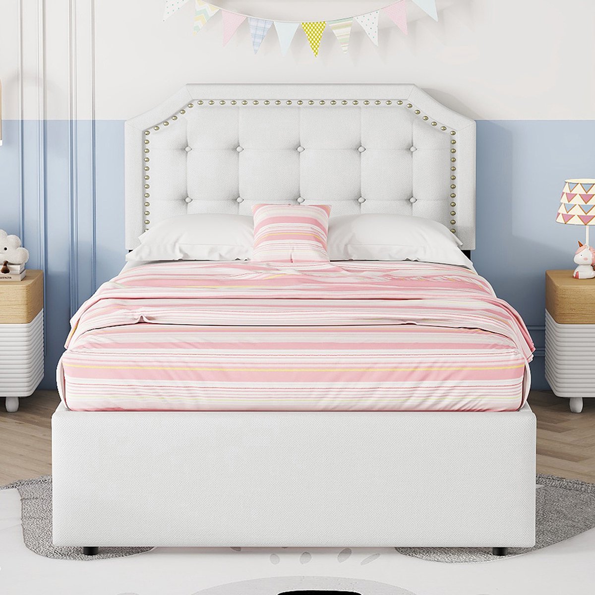 KOMHTOM Eenpersoonsbed 90x200 cm Volwassenen bed Bed met 2 laden sierrand beige decoratieve klinknagels