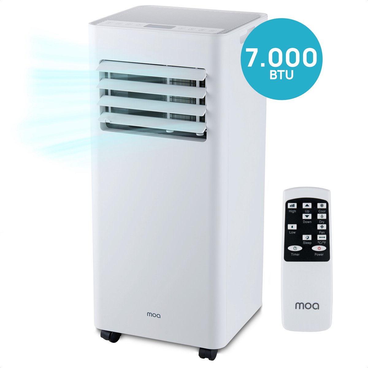 MOA Mobiele Airco - 7.000 BTU - Airconditioner met afstandsbediening - Energie klasse A - Raamafdichtingskits - Slaapkamer - Woonkamer - tot 60 m³ koelen - Krachtige airco, ventilator en ontvochtiger in één - Wit