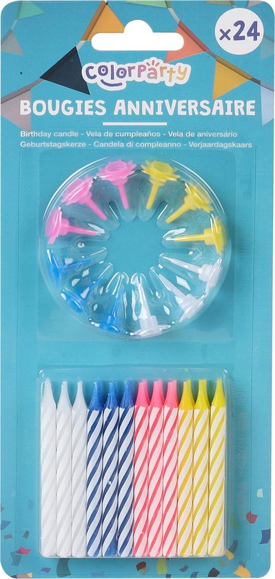 Verjaardagskaarsjes, 24 stuks in blauw, roze, wit en geel, met houder.
