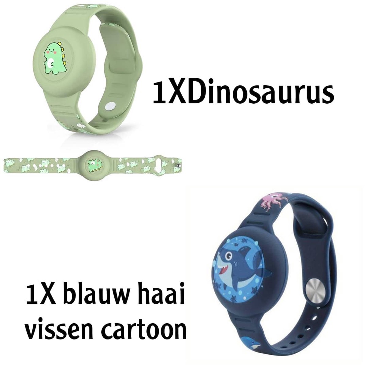 2 Stuks Kinderen waterdicht voor AirTag-armband - schattig cartoon-design, verstelbaar, verborgen voor Apple Air Tag houder, siliconen anti-verlies-GPS-tracker armbandhoes voor peuters (dinosaurus, haai)