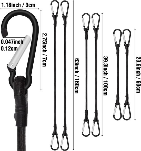 Spanrubber met karabijnhaak, expander met karabijnhaak, 100 cm, 6 stuks bagagespanners, rubberen spanners met haken, zwart