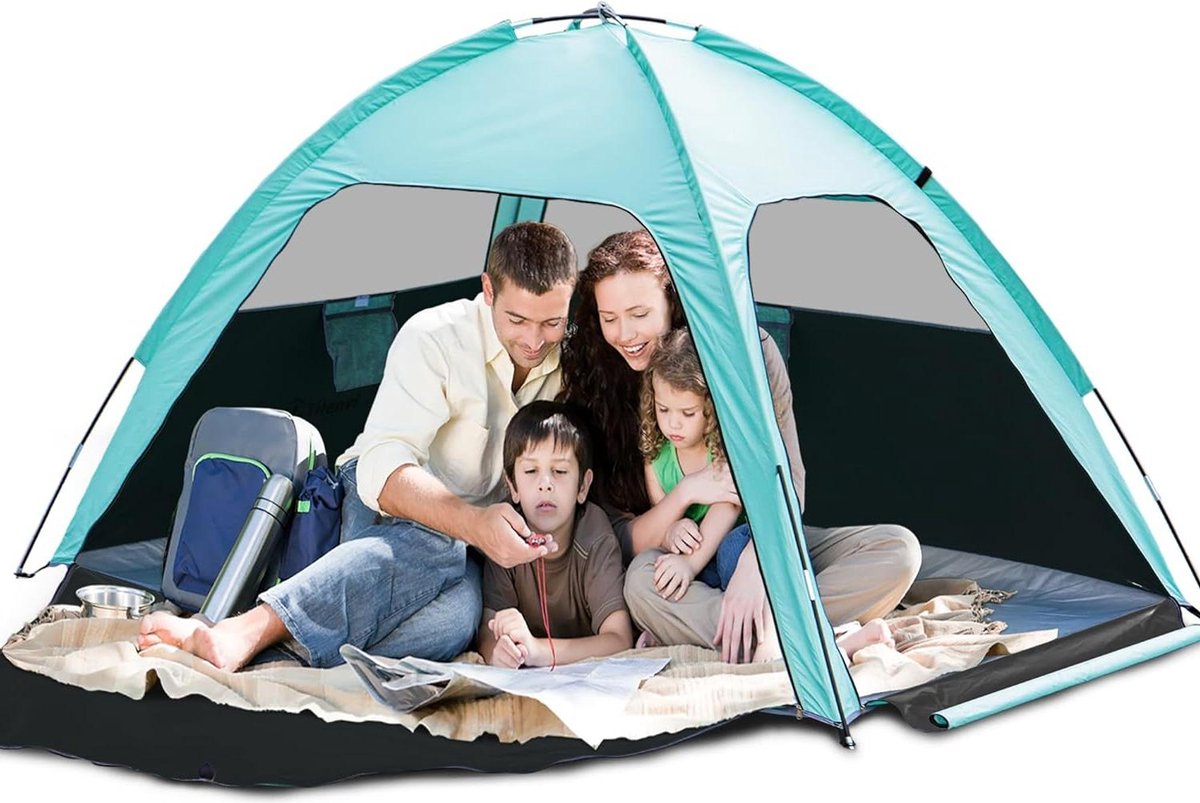 Strandtent Tilenvi UV-bescherming 3-4 personen UPF80+ dubbele ritsdeuren windbescherming licht familietent-tuin strand