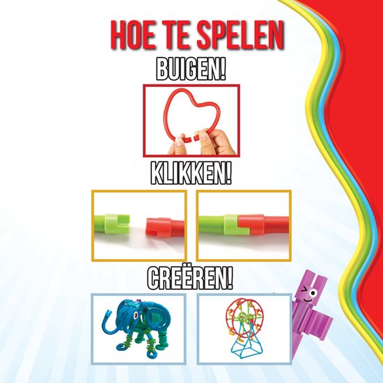 Instructies om te buigen, klikken en creëren met Spaghetteez, met voorbeelden van een olifant en reuzenrad.