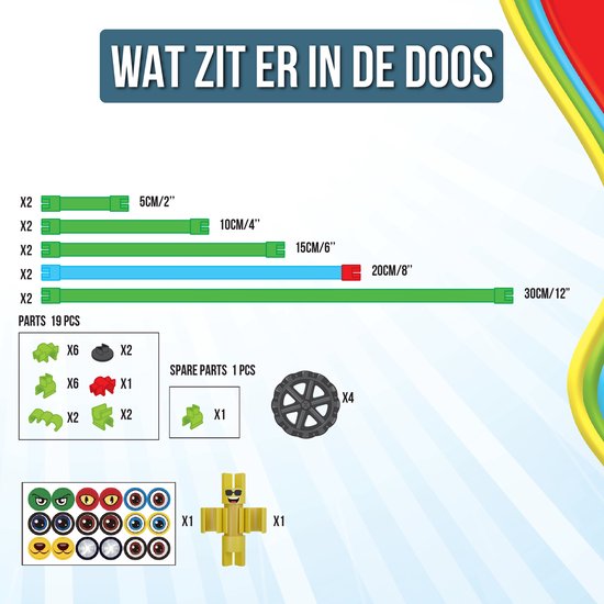 Inhoud van de doos: groene, blauwe en rode buisjes van verschillende lengtes, koppelstukken, en zwarte wielen.