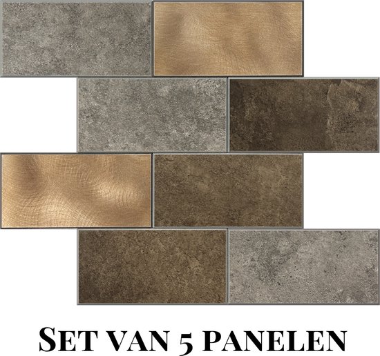 Panneaux muraux Wallways - Dalles adhésives - Lot de 5 dalles - Autocollant pour carrelage - Dalles autocollantes - Épaisseur 4 mm - Couche supérieure en aluminium - Résistant à la chaleur - Couche adhésive 3M - Bronze pierre XL