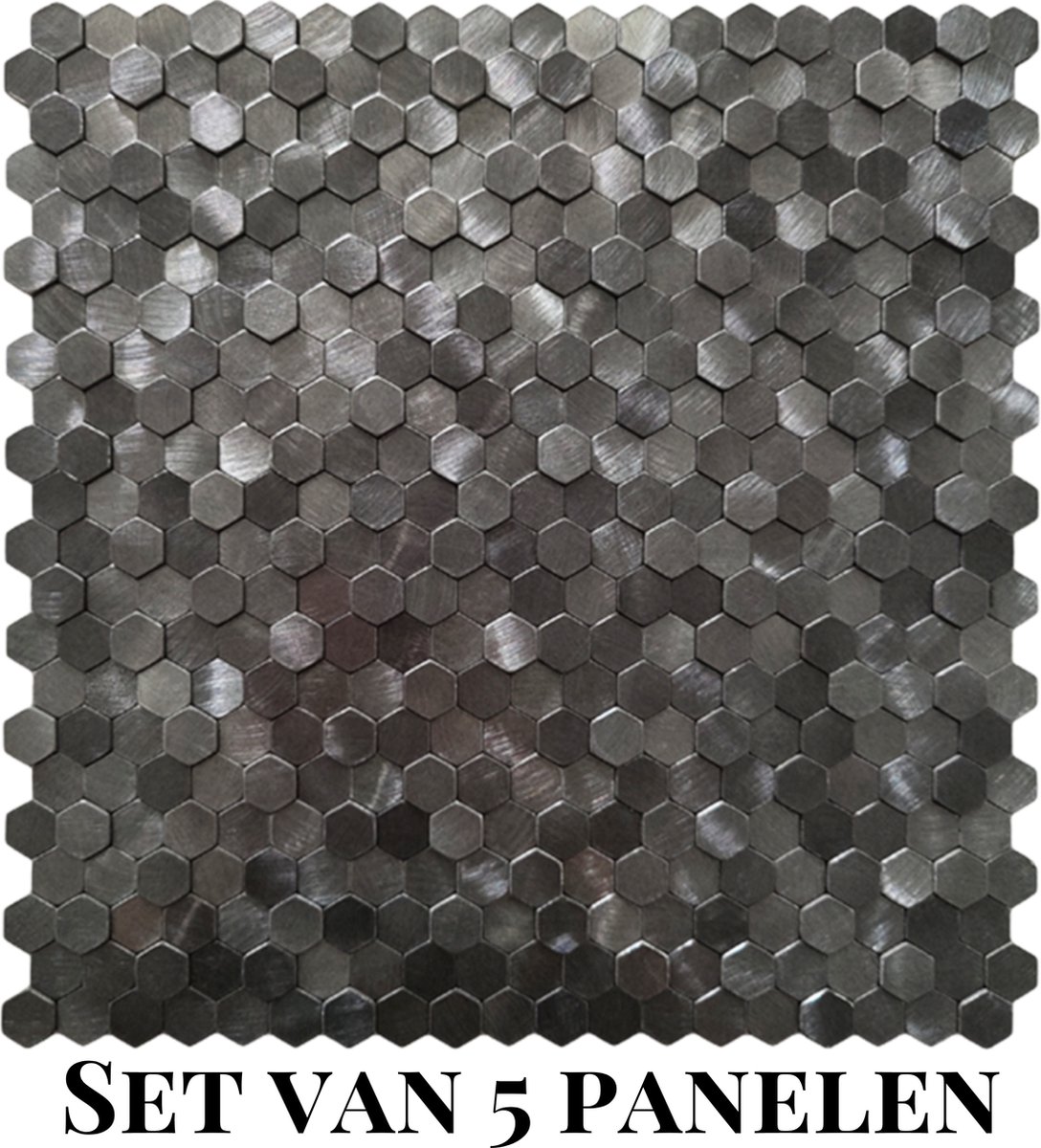 Wallways Wandpanelen - Plaktegels - Set van 5 Tegels - Tegelsticker - Zelfklevende Tegels - 4MM dik - Aluminium toplaag - Waterdicht - Krasbestendig - Hittebestendig - 3M Kleeflaag - Hexagon Mini Zwart
