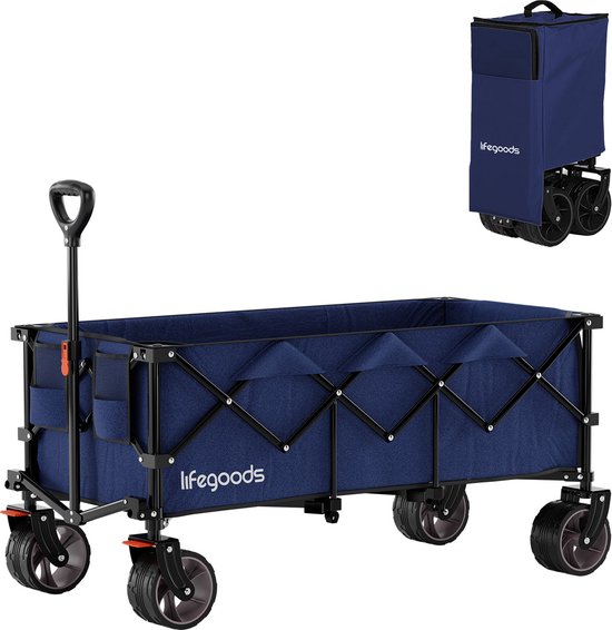Une charrette bleue LifeGoods, avec une image de la charrette pliée à côté.