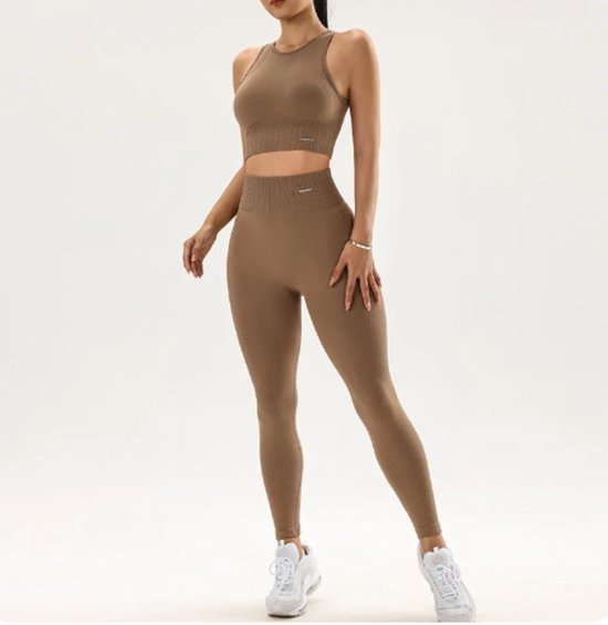 Foto: Ontdek de ultieme yoga sport kleding set tweedelige naadloze fitnesskleding legging met hoge taille fitness workout ademende stof niet plakkerig maat m khaki