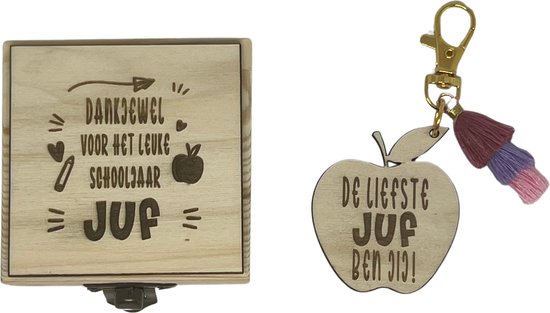 Sleutelhanger en houten doosje JUF | PAARS | appel | bedankt lieve juf | jij bent de liefste | liefste juf | topjuf | einde schooljaar | cadeau