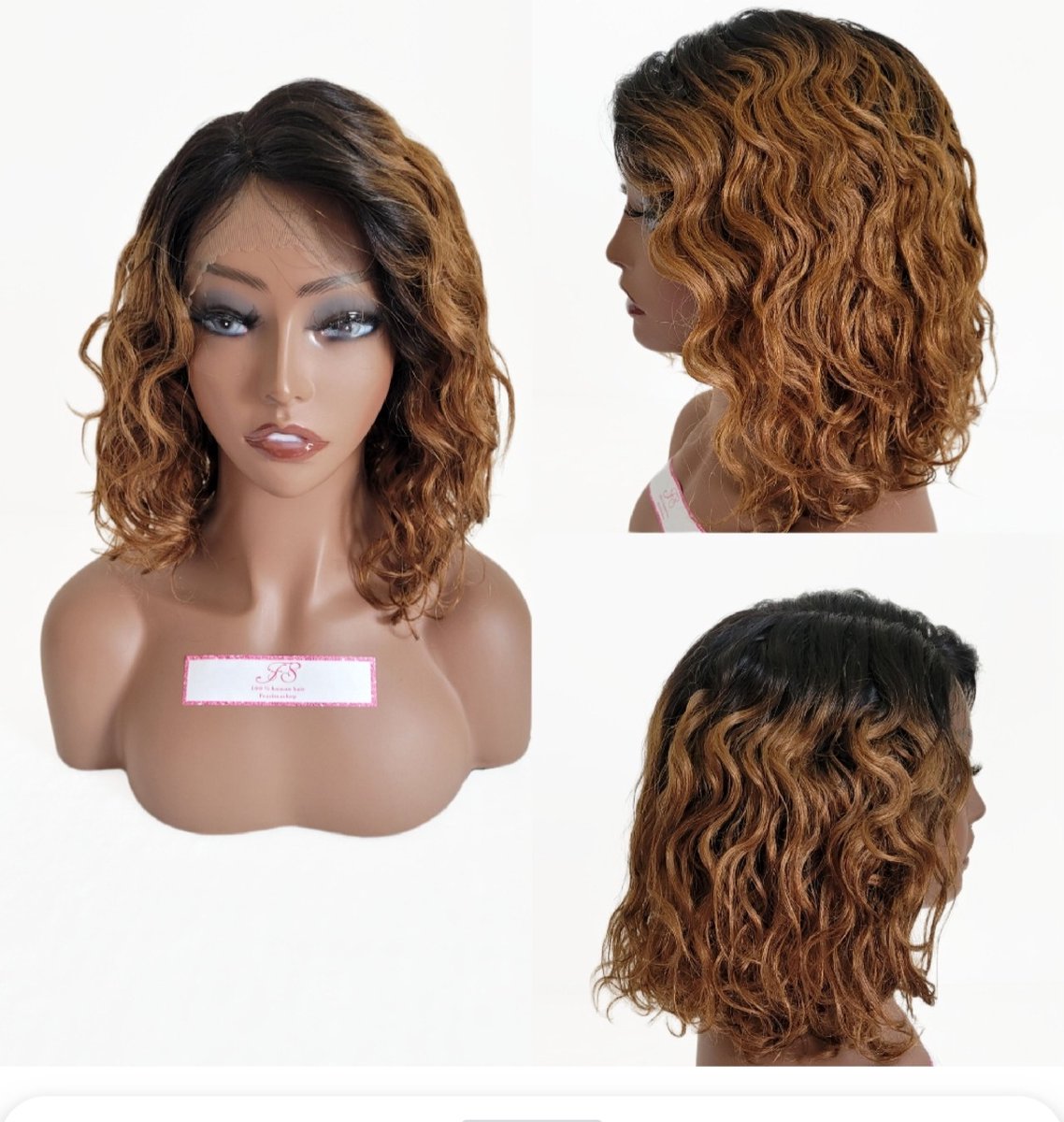 13x1 Lace Front Pruik – 100% Braziliaans Remy Human Hair – Ombre Krullen – 14 Inch – Ombre 1b/27 – Echte Haren – Pruiken- Damespruik- Zomer Kleur- Kort- pruik