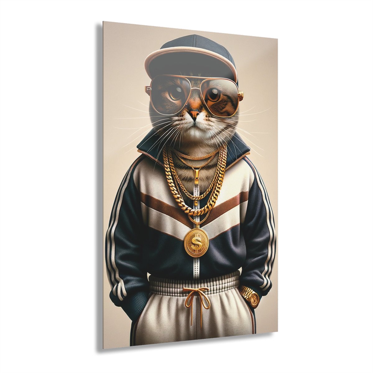 Myfinto Indoorart - Glasschilderij G-cat 80x120 CM - Afbeelding op plexiglas - Inclusief montagemateriaal bruin, goud, blauw, grijs