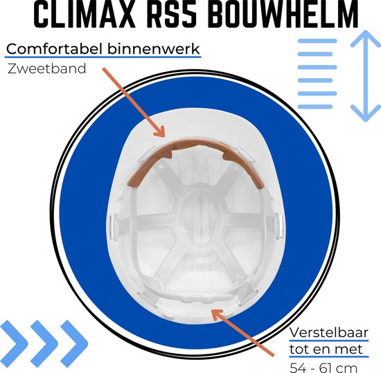 Binnenkant van de Climax RS5 bouwhelm, met comfortabel binnenwerk en zweetband.
