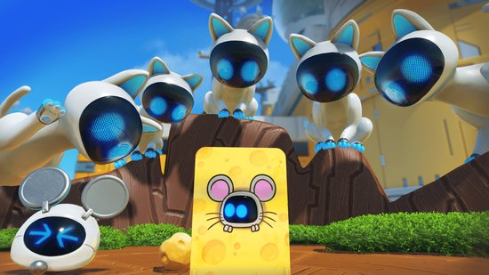 Vijf witte kat-robots met blauwe ogen kijken naar een gele kaart met een muis erop, in een grasrijke omgeving.