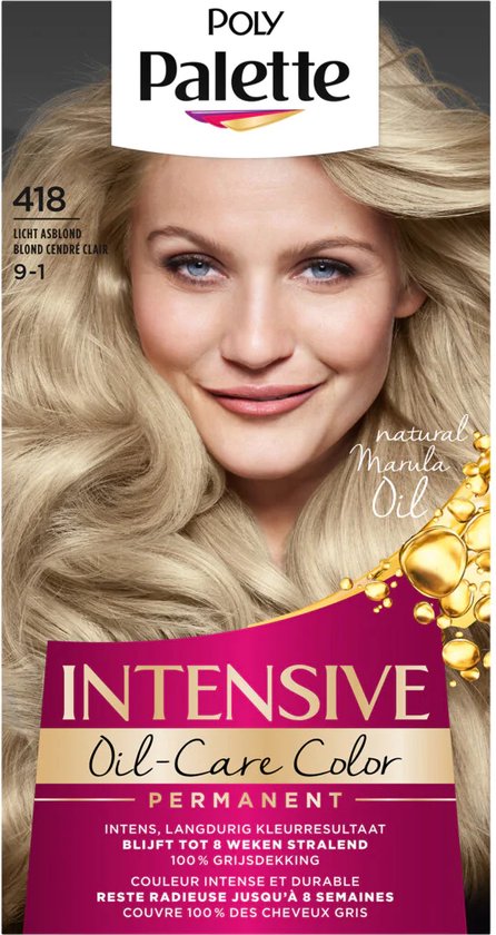 Poly Palette Intensieve Olie-Care Kleur, permanente haarverf 418 Licht Asblond. Model met lang, golvend lichtblond haar.