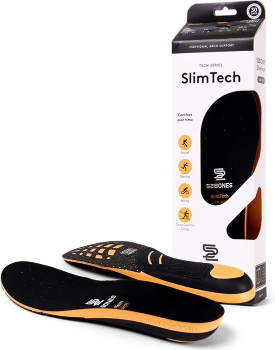 52Bones SlimTech Low Arch Footbed - Semelle de soutien anatomique avec voûte plantaire basse - pour chaussures étroites - football, patinage, cyclisme et VTT - 1 paire - pointure 37/38