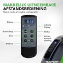 Afstandsbediening voor Tunturi Cardio Fit M50 met display, start/stop, duur, snelheid, modus en reverse knoppen.