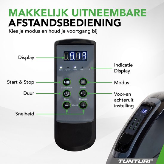Afstandsbediening voor Tunturi Cardio Fit M50 met display, start/stop, duur, snelheid, modus en reverse knoppen.