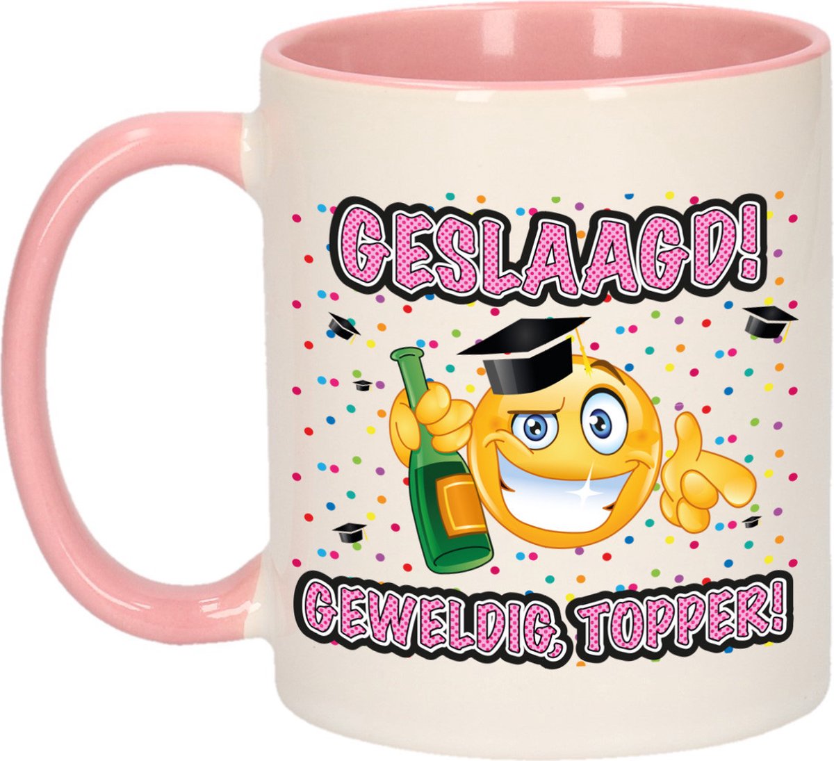 Bellatio Decorations Geslaagd cadeau mok - roze - Geslaagd! Geweldig, Topper! - Ca. 300 ml