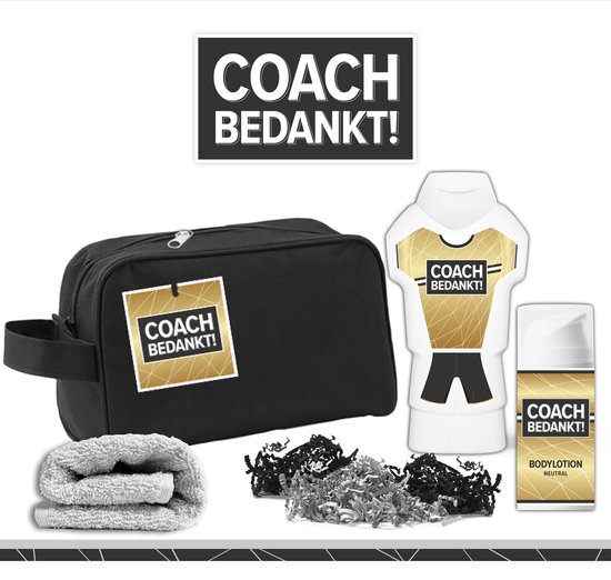 Foto: Geschenkset coach bedankt 4 producten 450 gram toilettas cadeau man toernooi voetbal volleybal hockey handbal basketbal korfbal trefbal waterpolo rugby sport wedstrijd showergel giftset trainer goud