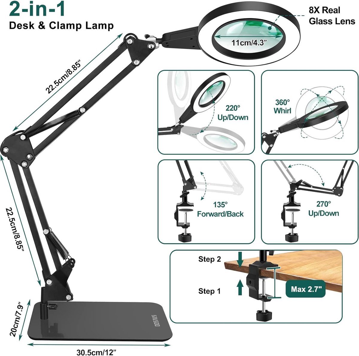 Vergrootglas met licht en standaard, Touch Control 2-in-1 bureaulamp, 3 kleurmodi, oneindig dimbaar, voor Hobby Close Works.