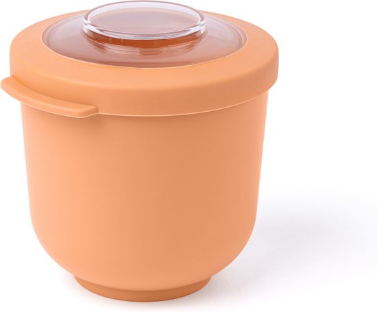 Boîte de conservation Amuse orange avec couvercle transparent sur fond blanc.