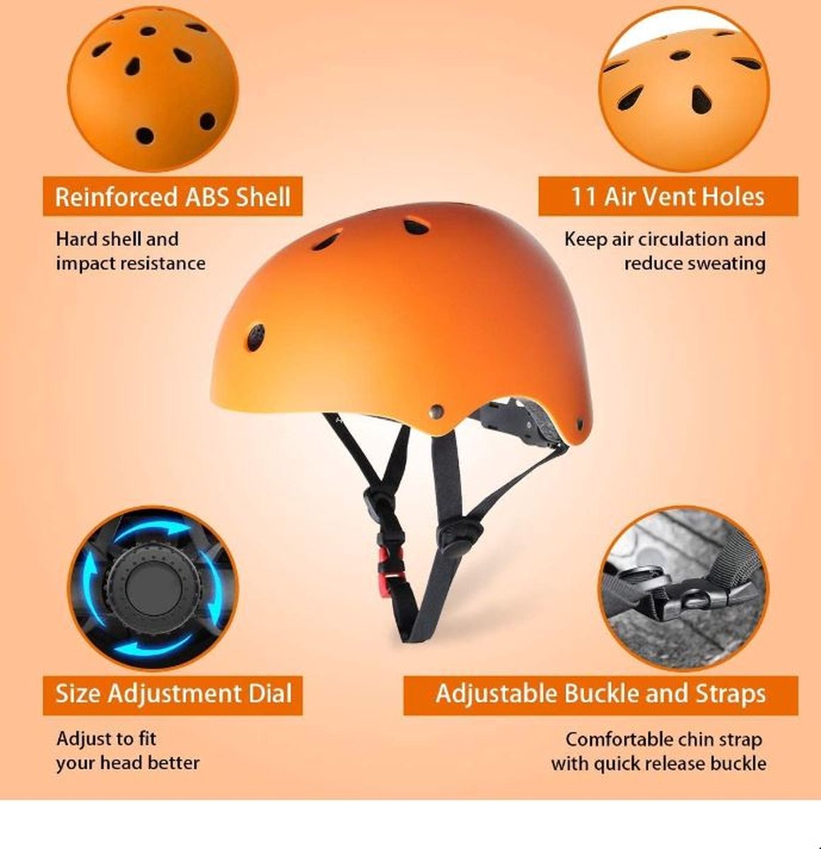 Hunta® Kinderhelm Maat S – Oranje Verstelbare Fiets- en Skatehelm – 48-54 cm – Voor Fietsen, Skaten, Skateboarden en Steppen — afbeelding 6