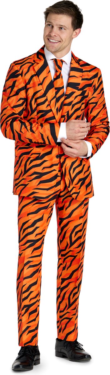 Suitmeister Tiger Orange - Heren Pak - Tijgerprint - Carnavalskleding - Dierenpatroon - Kostuum - Inclusief Pantalon, Blazer en Stropdas - Maat L