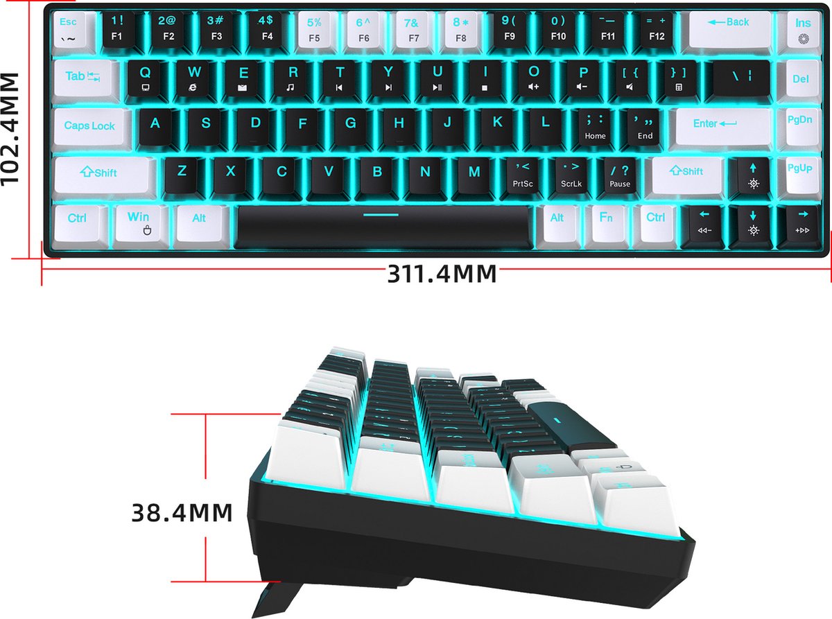 HXSJ V800 - Bedrade Gaming Toetsenbord - Mechanisch - QWERTY Toetsenborden - 68 Keys - Blue Switch - Zwart wit thumbnail 3