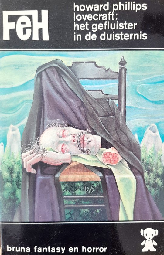 Howard Phillips Lovecraft: Het Gefluister in de Duisternis. Een man met een zwarte doek over het hoofd, leunend op een stoel. Bruna fantasy en horror.