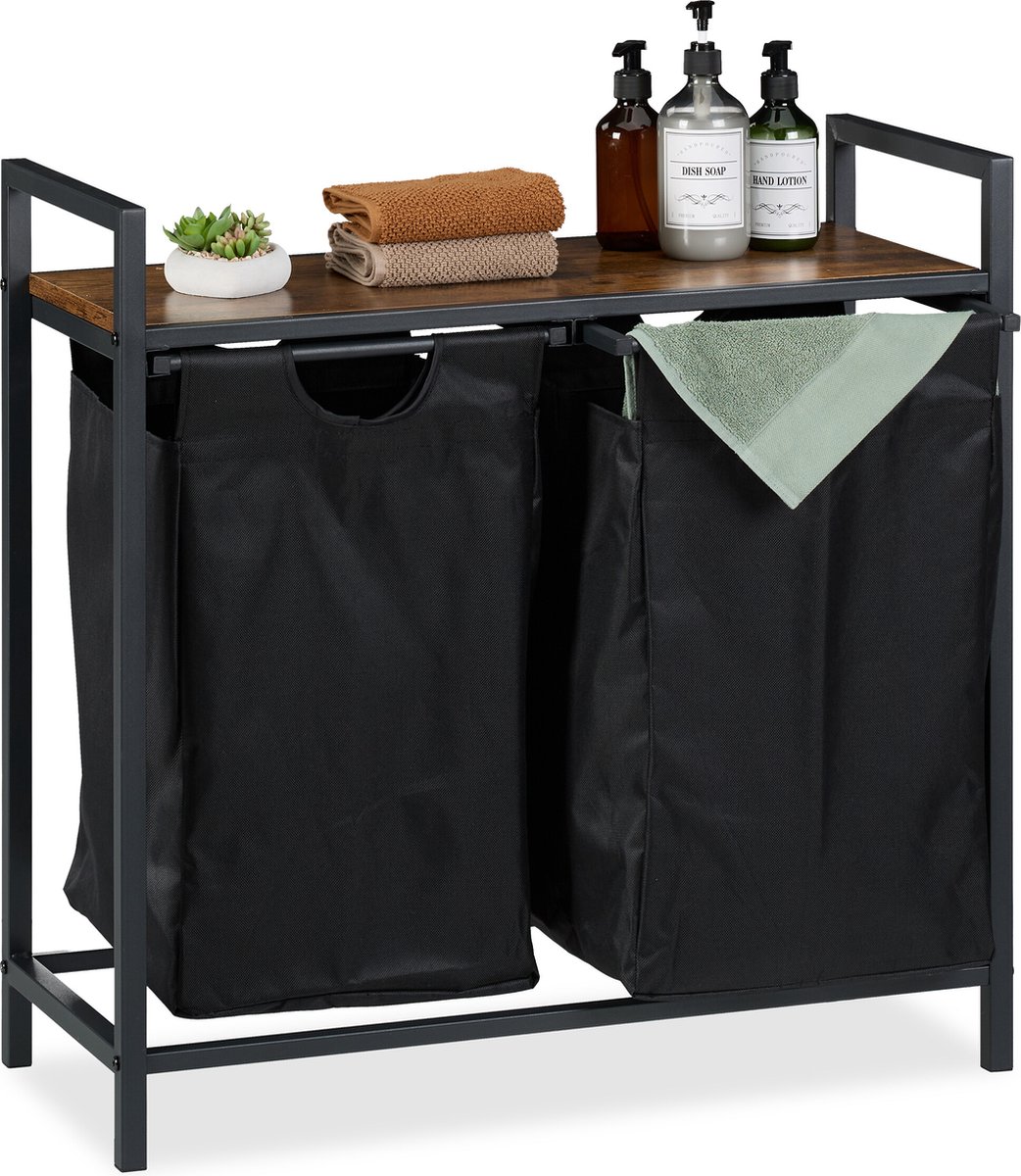 Goedkoopste dubbele wasmand - op poten - 72 x 73 x 33 cm - met plank - 2 uitschuifbare vakken - industrieel