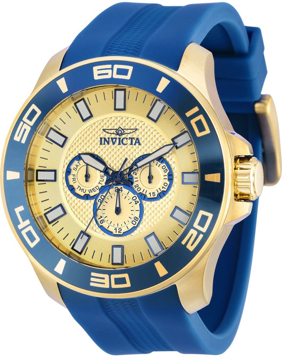 Invicta Pro Diver 36609 Heren Horloge - Waterdicht - Analoog - Quartz Uurwerk - Roestvrij Staal met gouden Wijzerplaat -50mm