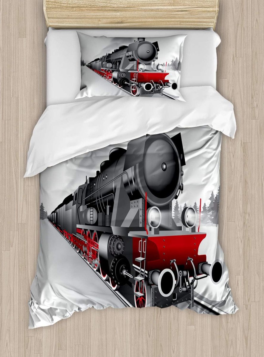 Parade Home Stoommachine Dekbedovertrek Set- Beddengoed Set met hoofdkus- 130cmx200cm en 70cmx50cm- Rood, zwart en grijs- Unieke slaapkamer