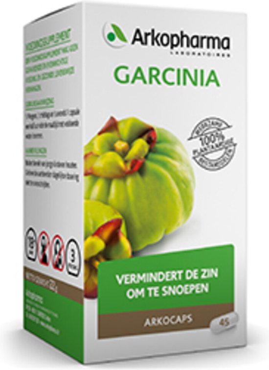 ArkoPharma Garcinia doos met afbeelding van de vrucht en 100% plantaardige tekst. Bevat 45 capsules.