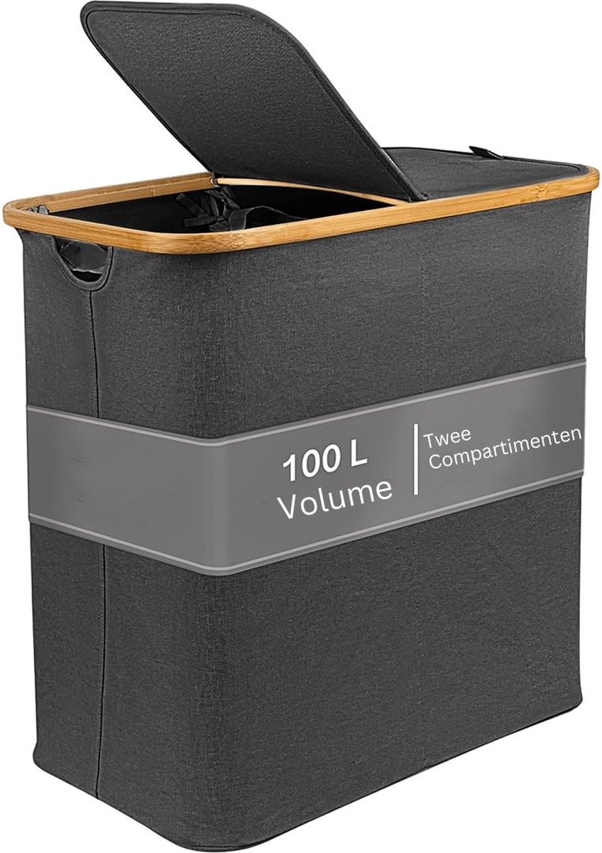 MKSS® Luxe Wassorteerder - Wasmand 2 Vakken - Wasmand met Deksel - Wasmanden - Grijs