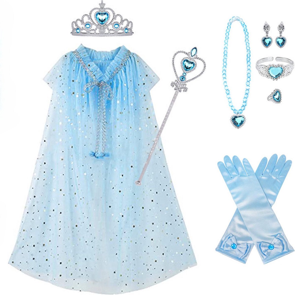 Joya Kids® Verkleedcape Accessoires Licht Blauw | Prinsessencape | Cape | Unicorn | Verkleedset | Carnvalskleding | Kroon, Staf, Handschoenen Sieradenset