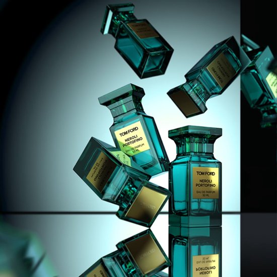 Vallende flacons Tom Ford Neroli Portofino eau de parfum 50 ml in turquoise glas.