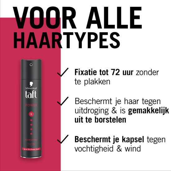 Zwarte Taft Power haarsprayfles en tekst 'Voor alle haartypes'. Lijst met voordelen.