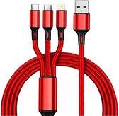 DrPhone MX1 3 in 1 - Multi Kabel - Gevlochten 2.4A – Data + Oplaadkabel - Lightning/USB-C/Micro USB - 1.8 Meter - Rood