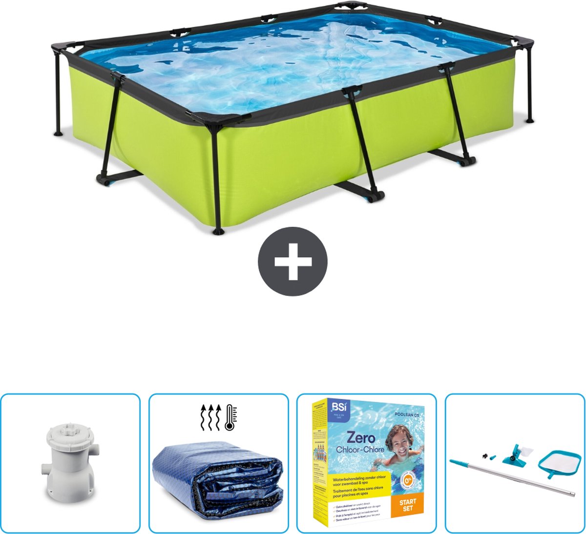EXIT Rechthoekig Lime Frame Zwembad - 300 x 200 x 65 cm - Inclusief Pomp Solarzeil - Onderhoudspakket - Schoonmaakset - Nu extra voordelig